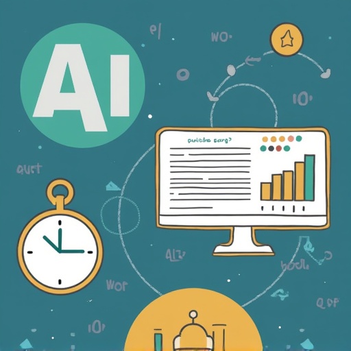 Illustration showcasing AI resources for writers includes a computer screen with analytics. A clock symbolizes time management while design elements represent productivity. Features graphs and icons suggesting writing success.