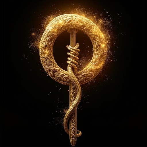 A detailed image of a celtic torque in gold. The torque has an intricate design with a serpent coiled around it. The background is completely black, highlighting the brilliant golden color and light reflections on the surface. The focus is on the ornate details. The visual effect includes glowing sparkles around the piece.