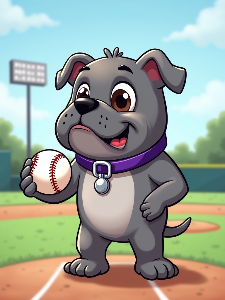 Cartoon airbrushed gray bulldog with purple collar stands on a baseball field. The bulldog has only four legs and is male. It holds a baseball. The background features a baseball field.