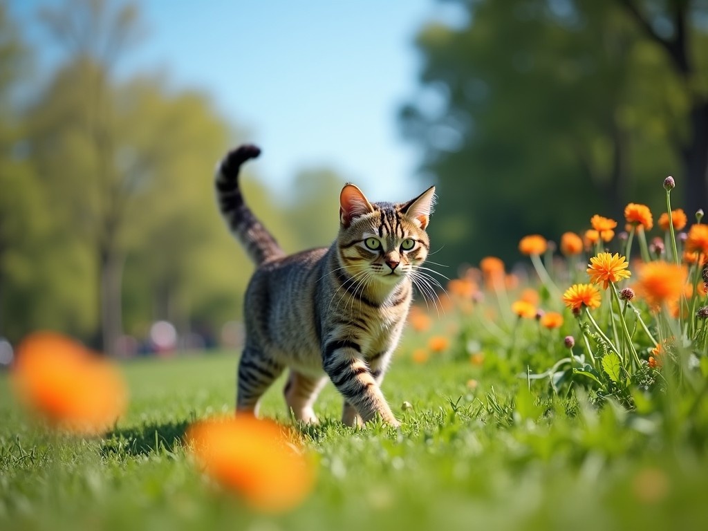 This image shows a tabby cat walking in a sunny park filled with bright orange flowers. The cat moves confidently through the grass, showcasing its playful demeanor. The background consists of green trees, indicating a vibrant outdoor setting. The sunlight creates a warm atmosphere, enhancing the colors of the scene. This picturesque moment captures the essence of a relaxed day in the park with a beloved pet.