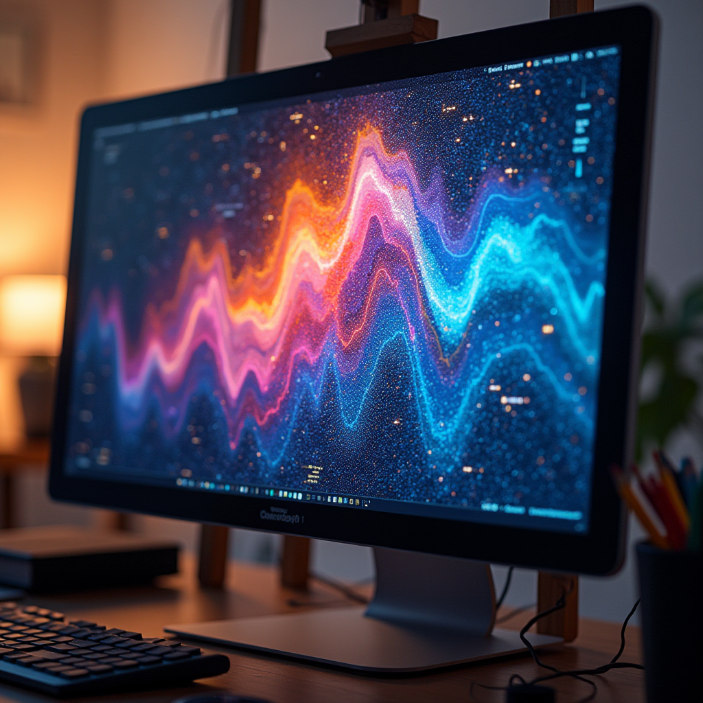 A monitor displays a colorful, abstract wave pattern in a dimly lit room, showcasing vibrant blue, purple, and pink hues.