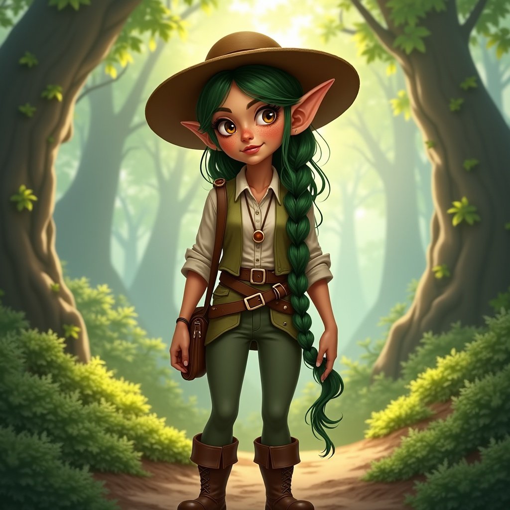 Image of a female wood elf farmer in a lush forest. Character wears a large sun hat and has long green hair. She has tanned freckled skin and wears a blouse, vest, and riding boots. The atmosphere is magical with soft lighting.