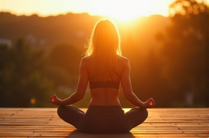 A person meditates in a yoga pose on a wooden deck with a glowing sunset in the background.