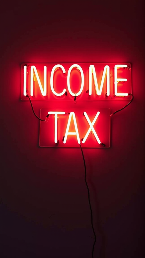 A glowing neon sign in red light displays the words 'INCOME TAX' on a dark background.