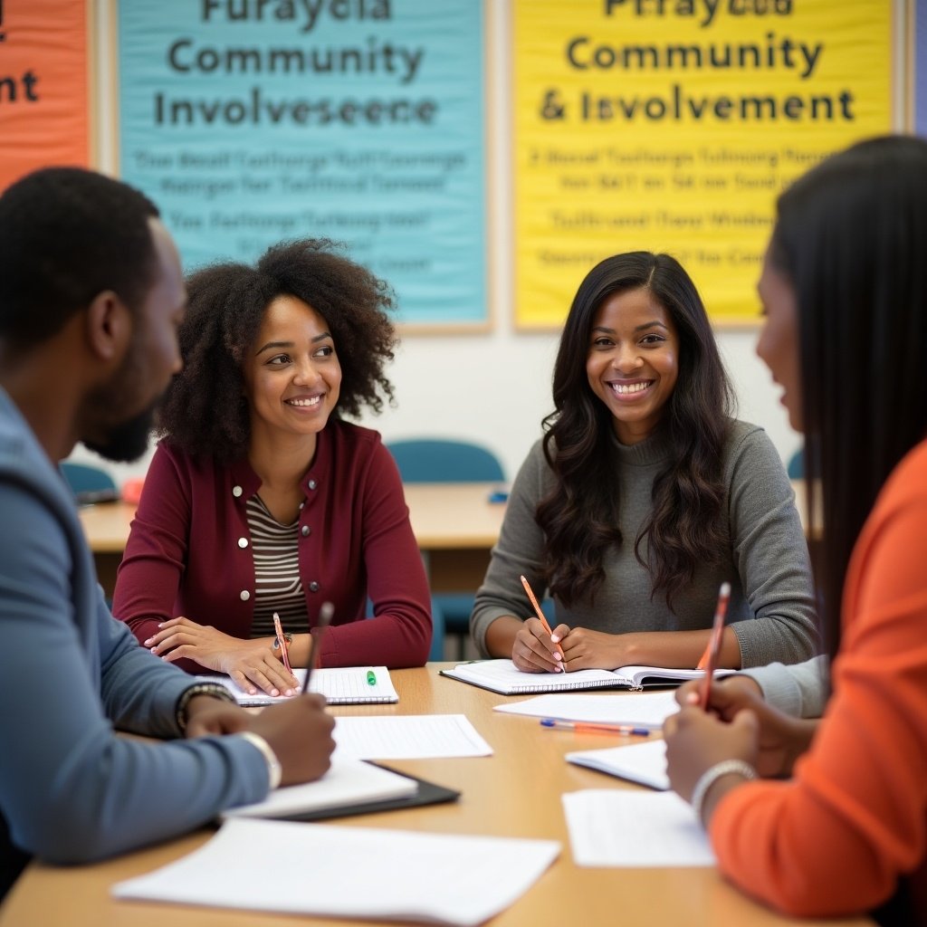 Group of Black teachers and Black parents engage at a table. Focus on collaboration and conversation. Use of notebooks and pens indicates seriousness. Background includes colorful educational signs.