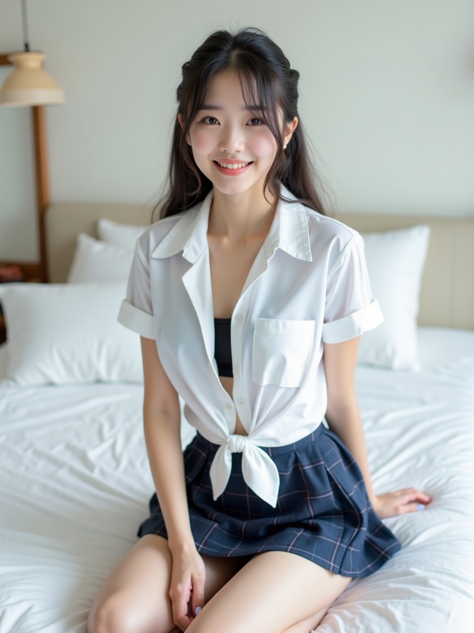 A young woman with long hair, wearing a tied white shirt and plaid skirt, sitting on a bed, smiling confidently in a softly lit room.