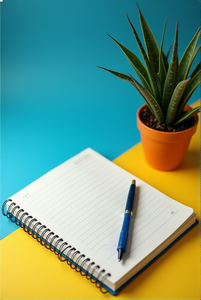 A spiral notebook with a blue pen lies open on a vibrant blue and yellow surface, next to a green succulent in an orange pot.