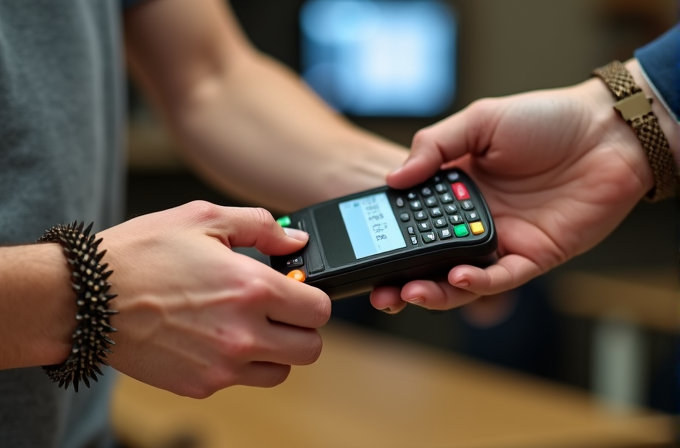 Two people are holding a credit card terminal and making a transaction.