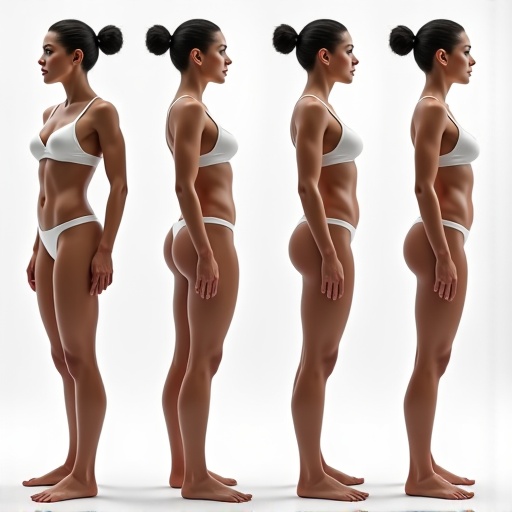 Athletic female model displayed in multiple side poses wearing a white bikini. Emphasis on body composition and form. Clean background and bright lighting enhance the appearance.