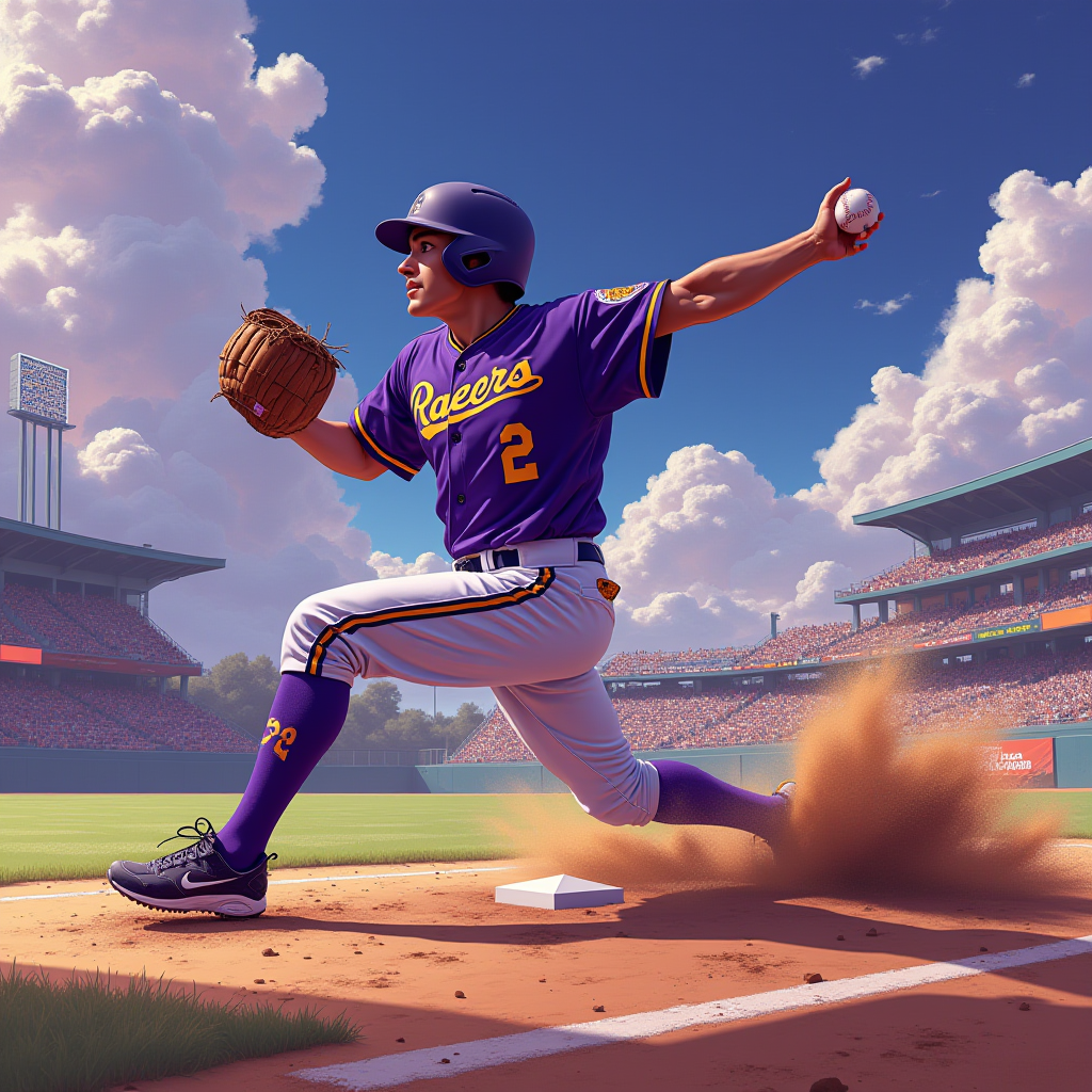 A baseball player in a purple uniform skillfully sliding into a base in a stadium full of spectators, captured under a vibrant blue sky with fluffy clouds.