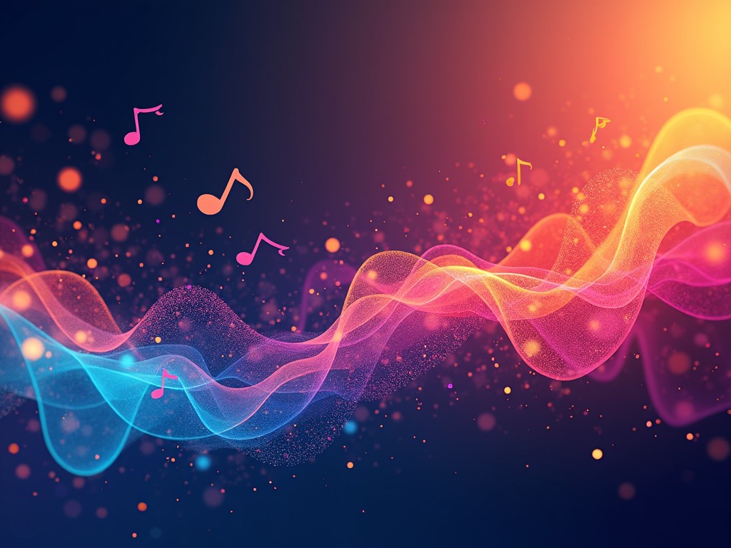 The image features a dynamic composition of flowing waves in vibrant colors, primarily pink and blue. Musical notes are scattered throughout, symbolizing sound. Background elements create a soft glow, enhancing the sense of motion. This visual evokes a feeling of rhythm and melody. It's a perfect representation of music and sound energy, ideal for various creative projects.