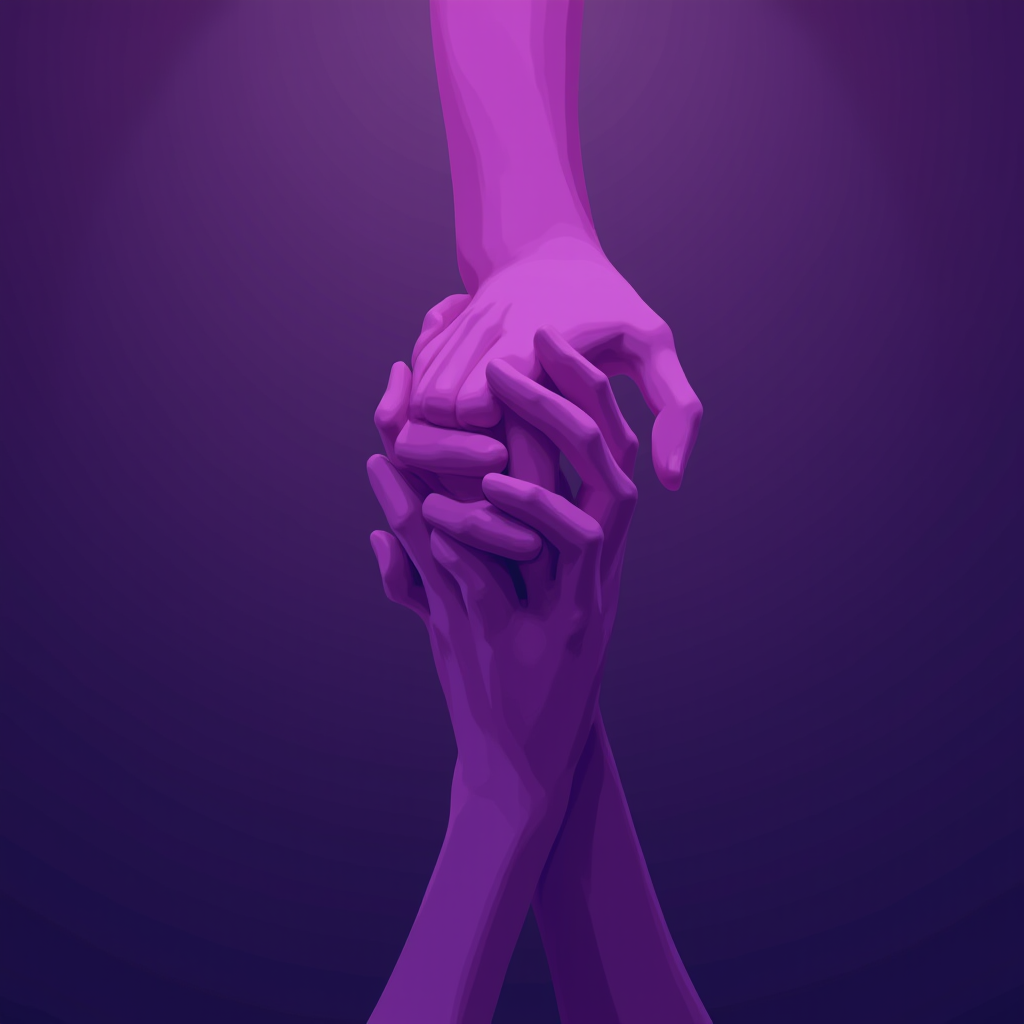 The image depicts a vibrant, stylized representation of two hands. One hand is gripping the wrist of the other, and both are rendered in shades of purple, creating a strong monochromatic theme. The purple hues give the image a modern and abstract feel, while the gesture suggests themes of support, connection, or solidarity. The background is a darker shade of purple, enhancing the focus on the hands and adding depth to the composition.