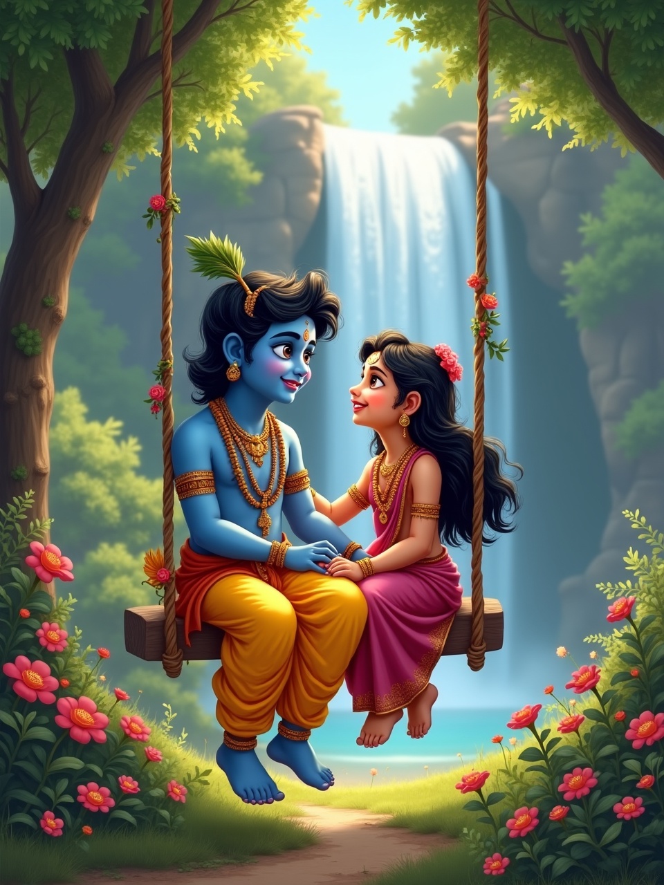 This is a vibrant illustration featuring two characters sitting on a floral-adorned swing against the backdrop of a cascading waterfall and lush greenery. The characters are dressed in traditional, richly colored attire, and their expressions convey a sense of joy and connection. The natural surroundings are depicted with a dreamy and enchanted quality, enhancing the serene and idyllic atmosphere of the scene.