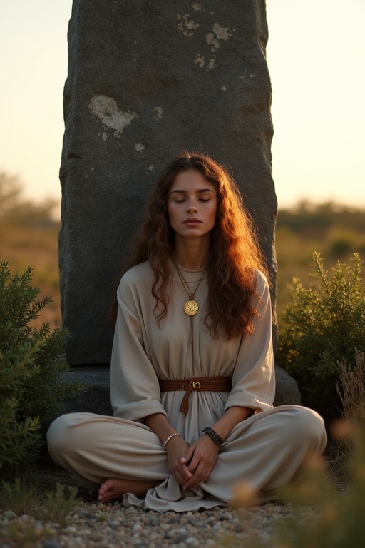 A young woman meditates cross-legged by a menhir. She has long brown curls and wears a natural-colored robe. A golden medallion hangs around her neck. The menhir towers above her, made of dark granite, radiating calm and strength. Surrounding shrubs and sparse herbs frame the stony ground. The scene is bathed in warm evening light of early spring, illuminating her face.