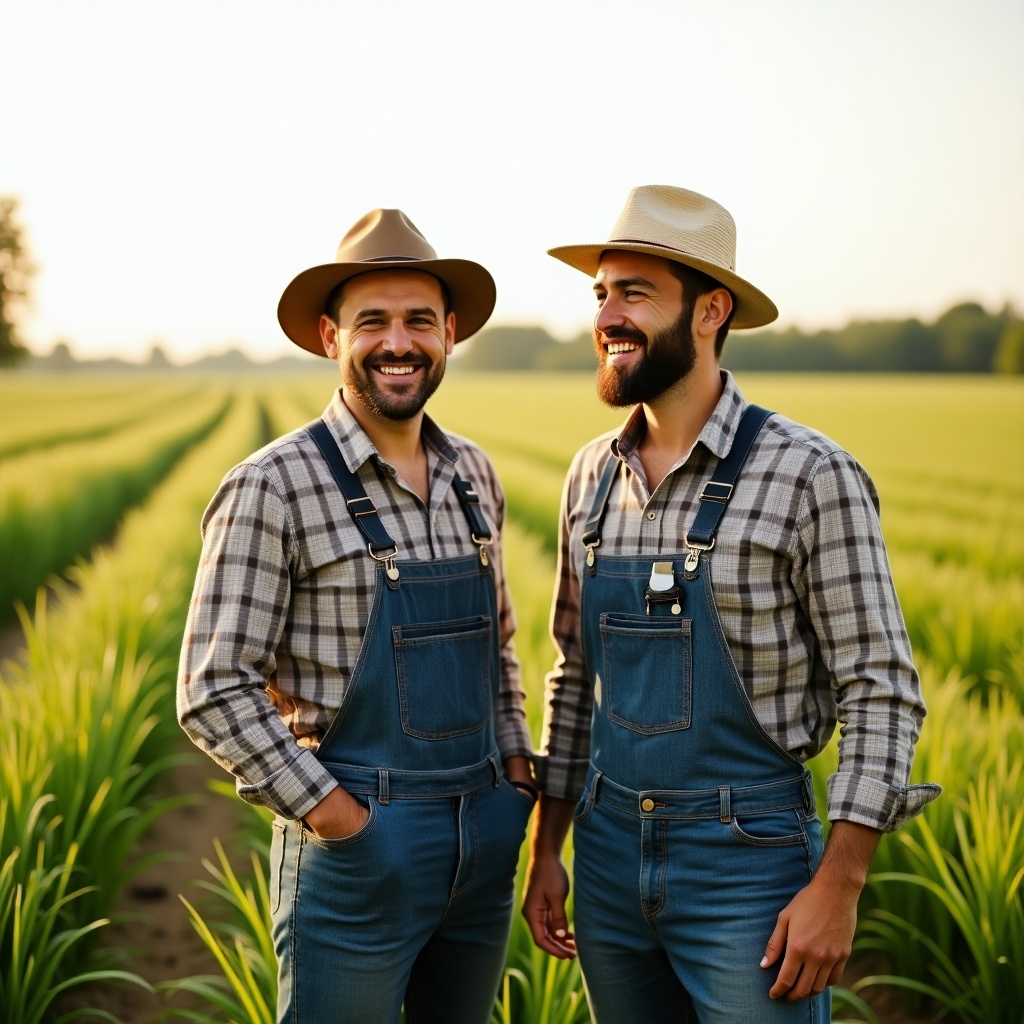 The image features two men standing in a lush green field, wearing traditional farming attire. They are dressed in denim overalls and plaid shirts, exuding a friendly and approachable demeanor. The men are smiling, showcasing a camaraderie typical of agricultural workers. In the background, rows of crops stretch towards the horizon, accentuated by the warm glow of the sunset. Their hats provide a rustic touch, enhancing the overall farming aesthetic.