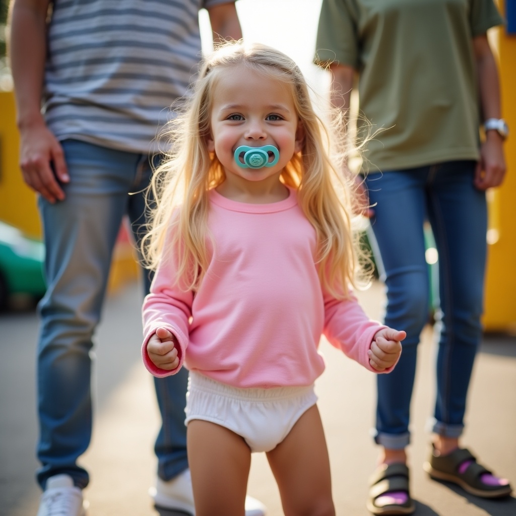 A joyful scene at a playground featuring a young girl around seven years old. She has long blonde hair and emerald green eyes. The girl is wearing a pink long-sleeve t-shirt and a diaper, holding a pacifier in her mouth. Her parents are nearby, creating a warm family atmosphere. The sun is shining, giving a cheerful ambiance to the playground. The girl stands confidently, smiling at the camera, embodying the joy of childhood. Her parents are present but slightly out of focus, highlighting her as the main subject.