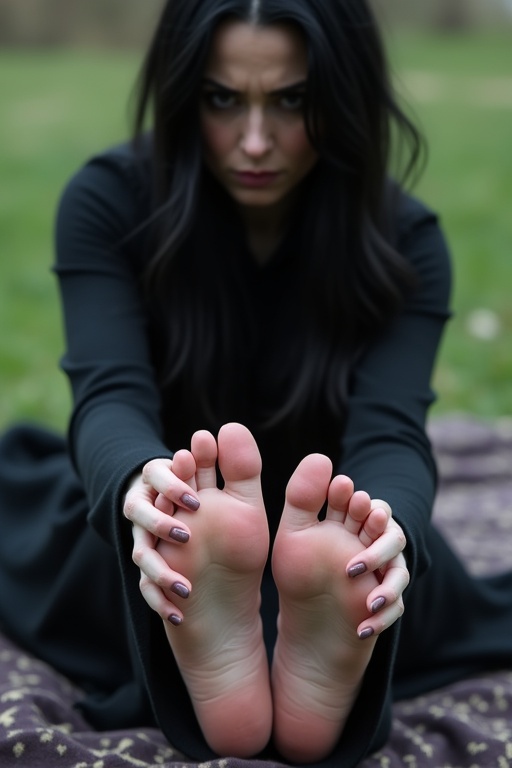 Image showcases a mature goth woman with long black hair. She shows her wounded soles of bare feet while sitting on a blanket outside. The atmosphere conveys worry and vulnerability.