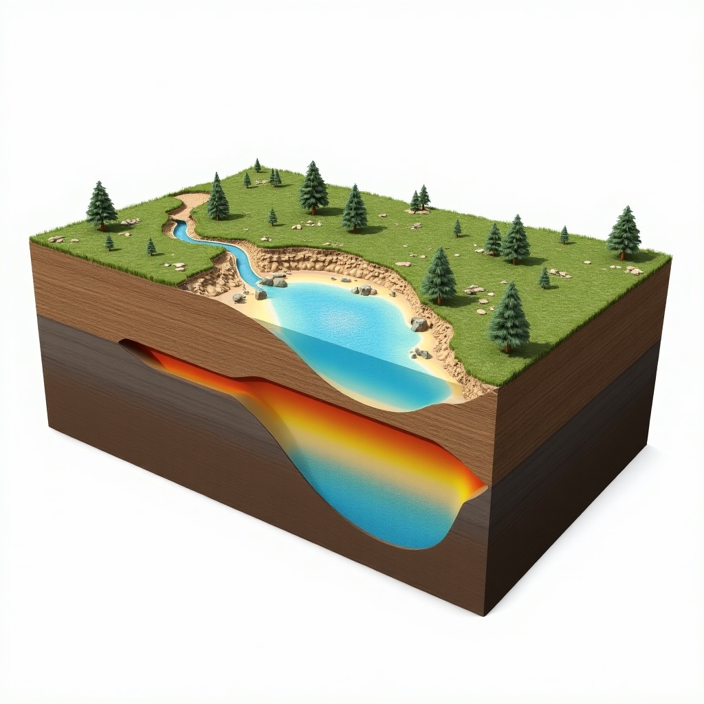 3D representation of the hydrogeological cross section of the Sokoto basin. Includes surface features like trees and a river, as well as underlying water layers.