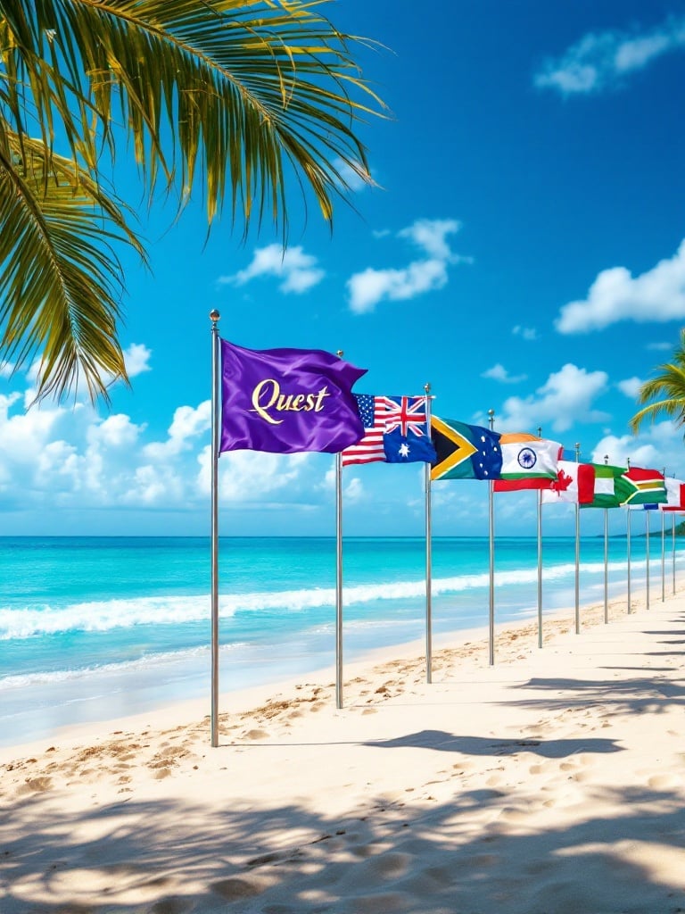 A beautiful Caribbean beach with golden sand and clear blue sky. Eight flags fluttering in the breeze. The USA flag is first. Next is the Canada flag. Then the India tricolor. A purple Quest flag with golden embroidery follows. The Australia flag is nearby. New Zealand's Southern Cross flag is next. South Africa's colorful flag waves. Finally, the Ireland flag finishes the display. Beautiful ocean in the background.