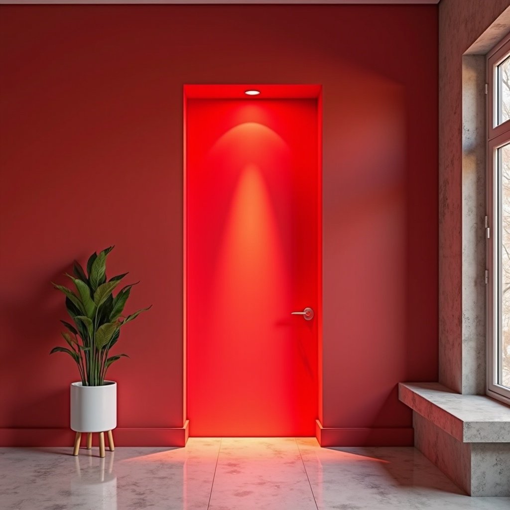 A modern interior space featuring a bright red door on a light red wall. There's a white decorative plant pot with green leaves beside the door. The lighting highlights the door in a stylish way. Windows allow natural light to fill the room.