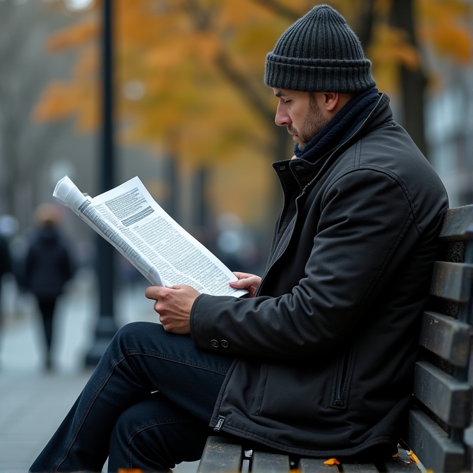 A man sits on a bench reading a newspaper in a park with autumn leaves around.