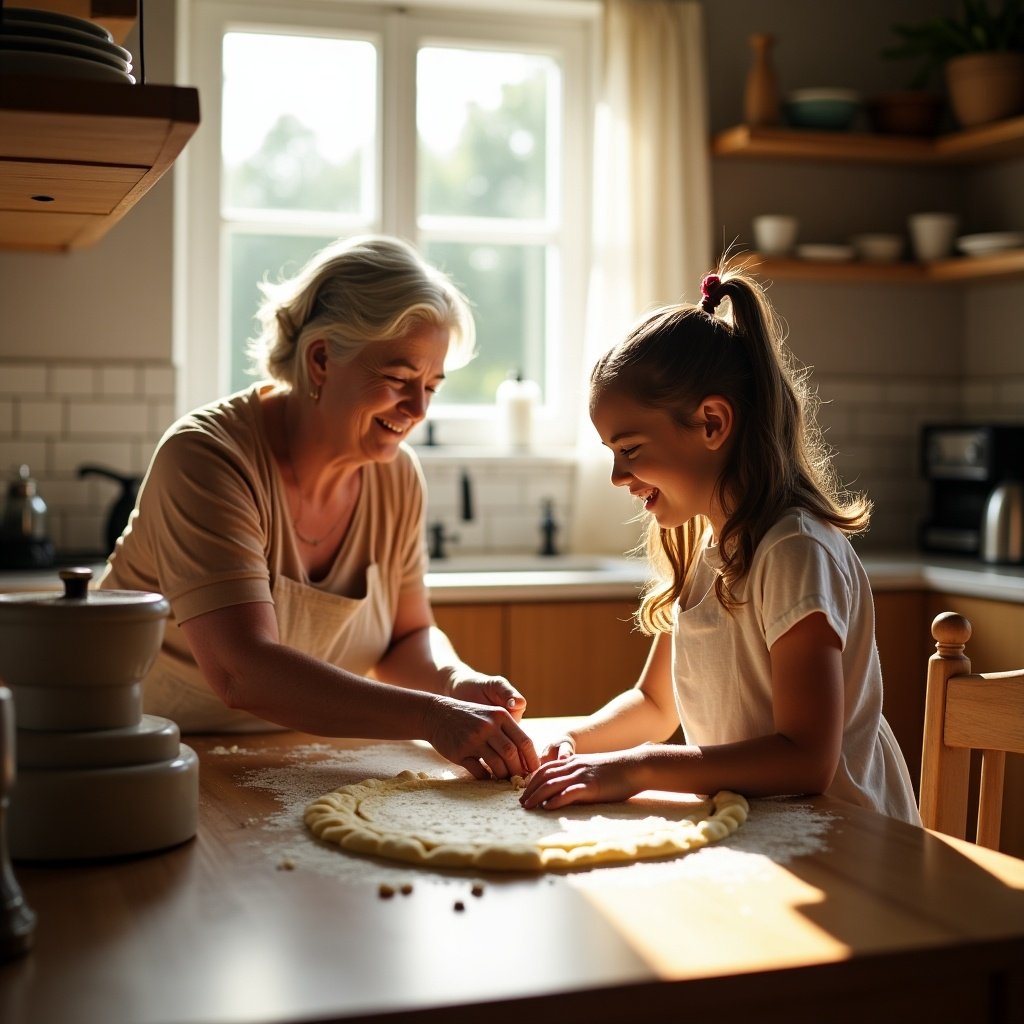 A cheerful scene of a young girl and her grandmother cooking in a simple kitchen. The girl rolls out dough while her grandmother grinds spices. Sunlight fills the kitchen through the window.