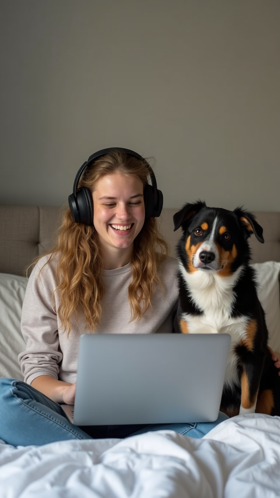 A person with headphones is sitting on a bed using a laptop with a dog beside them.