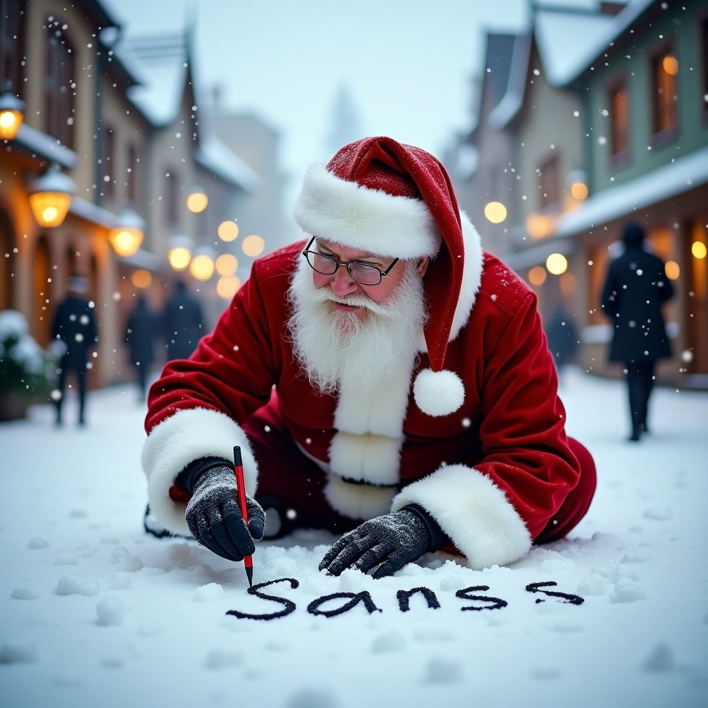 Santa Claus writes in the snow with a joyful expression. Traditional red and white clothing worn by Santa contrasts against the snowy street. Charming buildings are seen in the background. Soft winter light enhances the cheerful holiday scene.