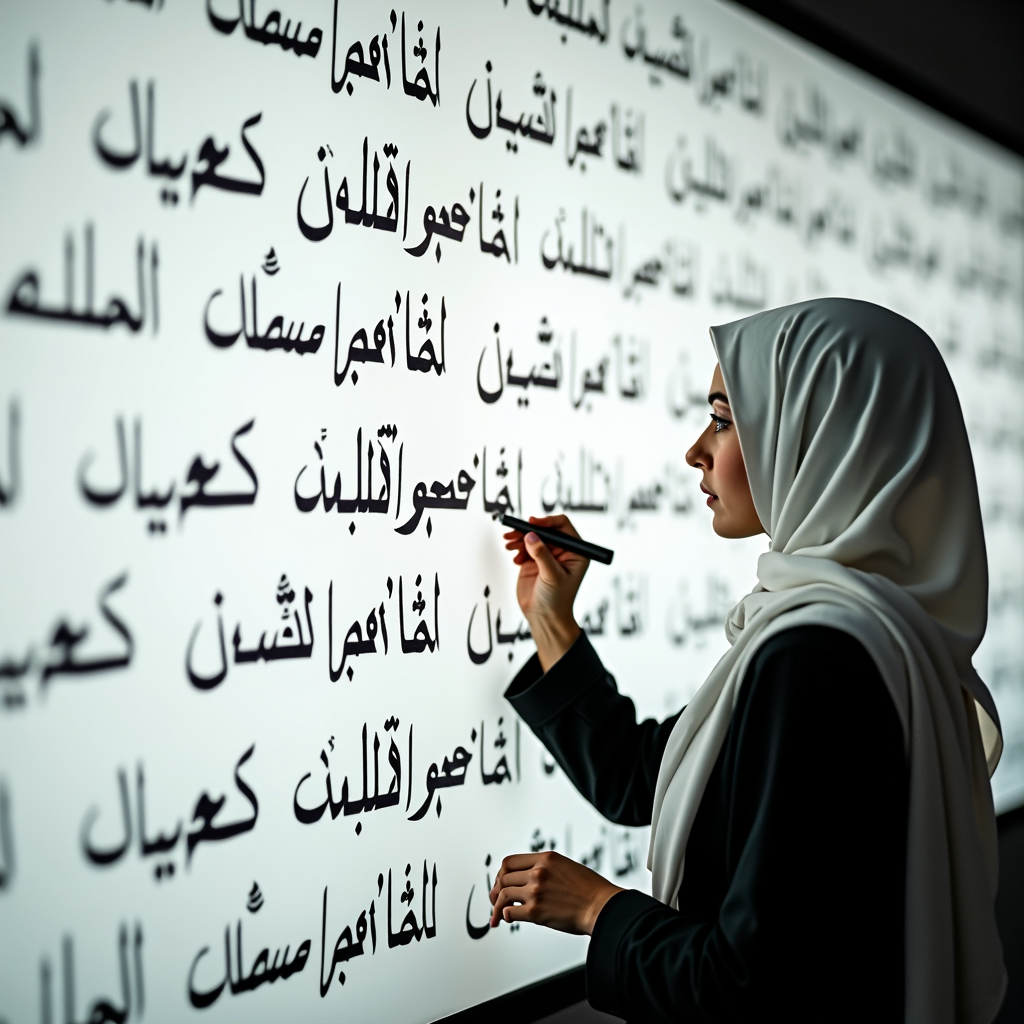 A woman in a hijab writes on a wall covered in Arabic script, using a black marker.