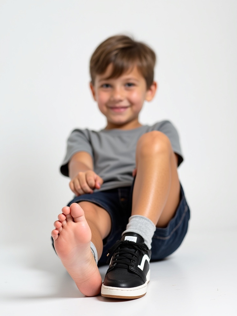 A photograph features an 11 year old boy sitting with legs outstretched. One foot is bare, showcasing toes, other foot is in black sneaker. Boy's smooth tanned legs highlight youthfulness. Blank background focuses on feet and shoes. Scene has casual playful vibe of just taking off shoe to feel ground.