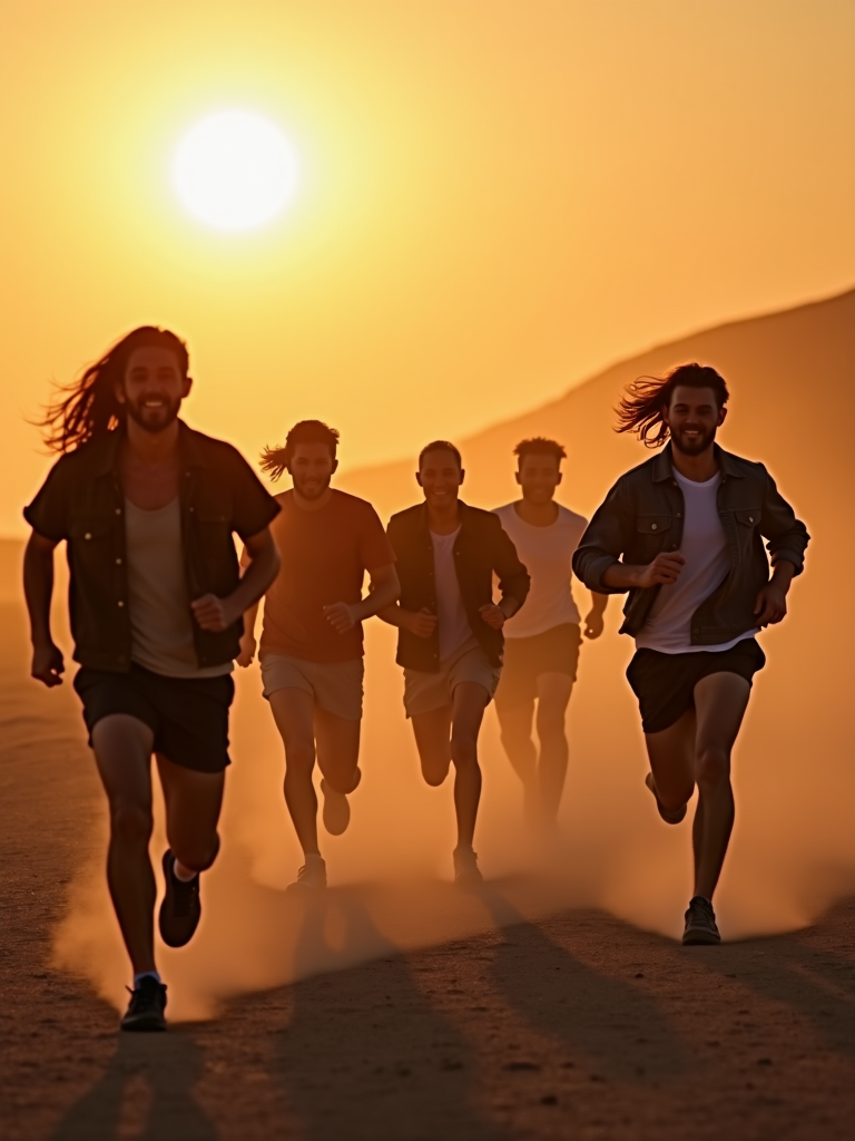 Five people are running towards the camera in a dusty landscape with a bright sunset behind them.