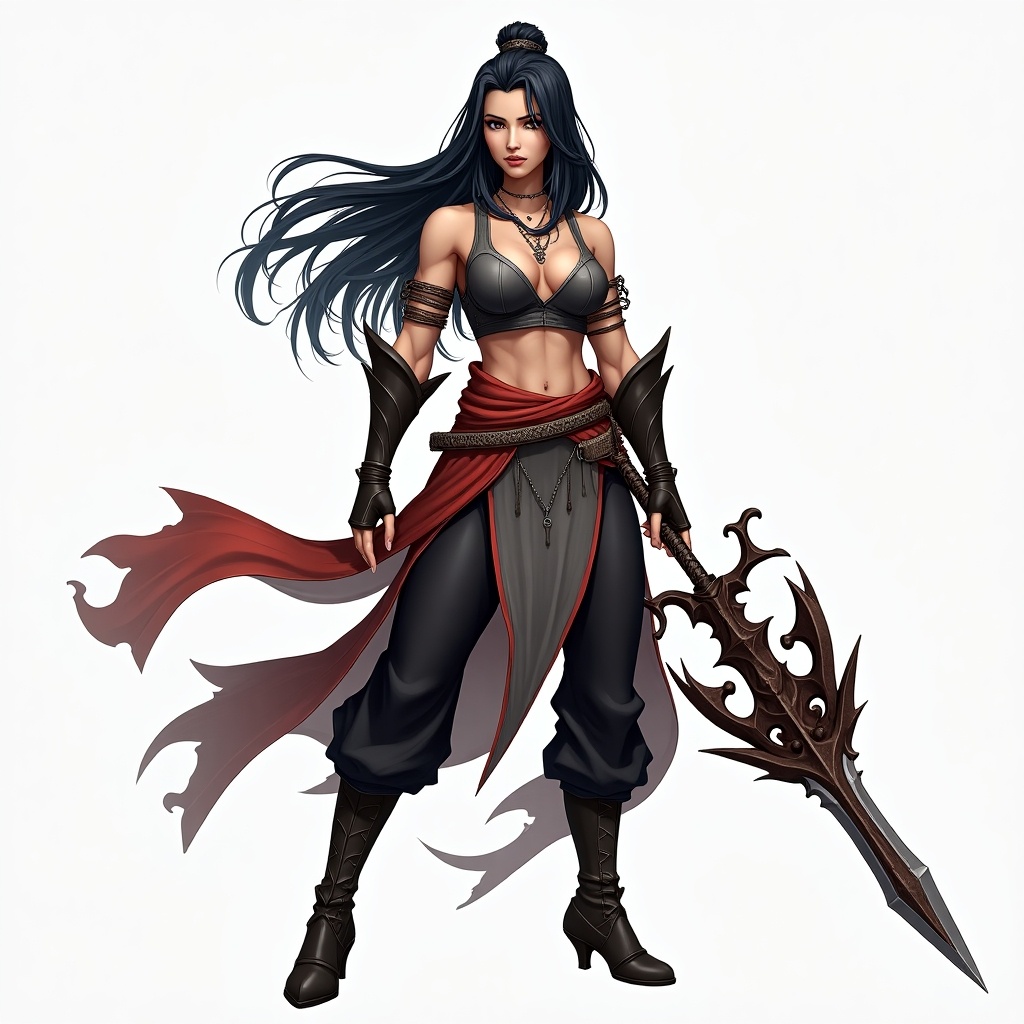 Create a powerful and unique female character for a video game inspired by Shadow Fight 2. She should have long, dark hair that sets her apart from typical characters. Her clothing should be both stylish and battle-ready, combining elements of modern and traditional designs. The character should be in a dynamic pose, holding an intricate weapon that embodies her warrior spirit. Make sure her design reflects strength and confidence, appealing to fans of fantasy and action genres.