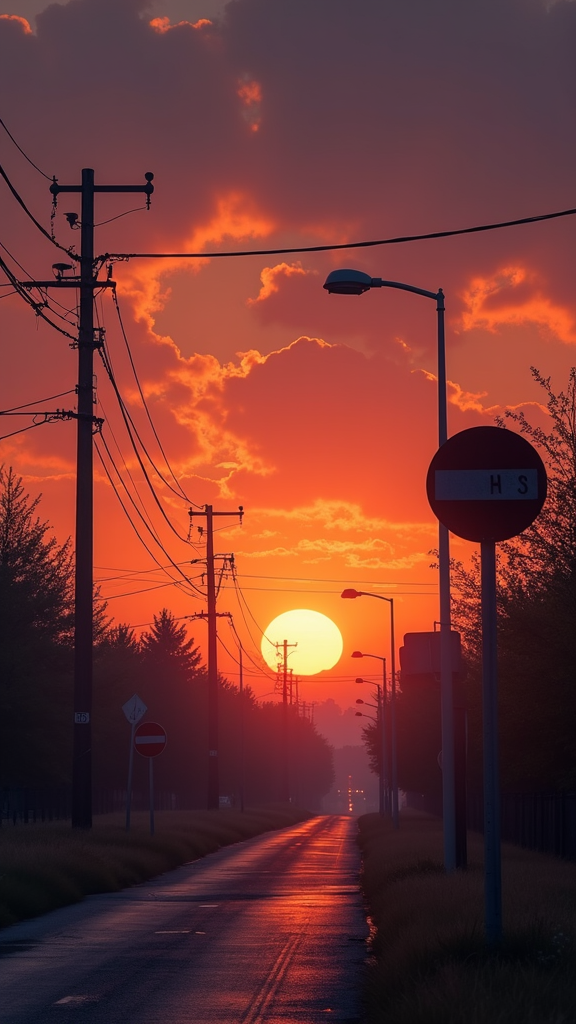 The sun sets with a vibrant orange glow behind a power-lined street.