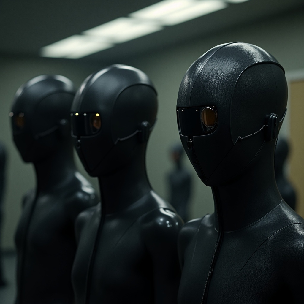 This image presents a series of black humanoid figures, reminiscent of mannequins or robotic clones. The environment feels sterile and futuristic, conveying themes of technology and artificiality. Each figure is outfitted in a sleek black material, emphasizing their uniformity. Their dark visors suggest a lack of emotion, inviting viewers to question the essence of identity. This imagery could evoke a sense of unease, as it plays with the concept of what it means to be human.