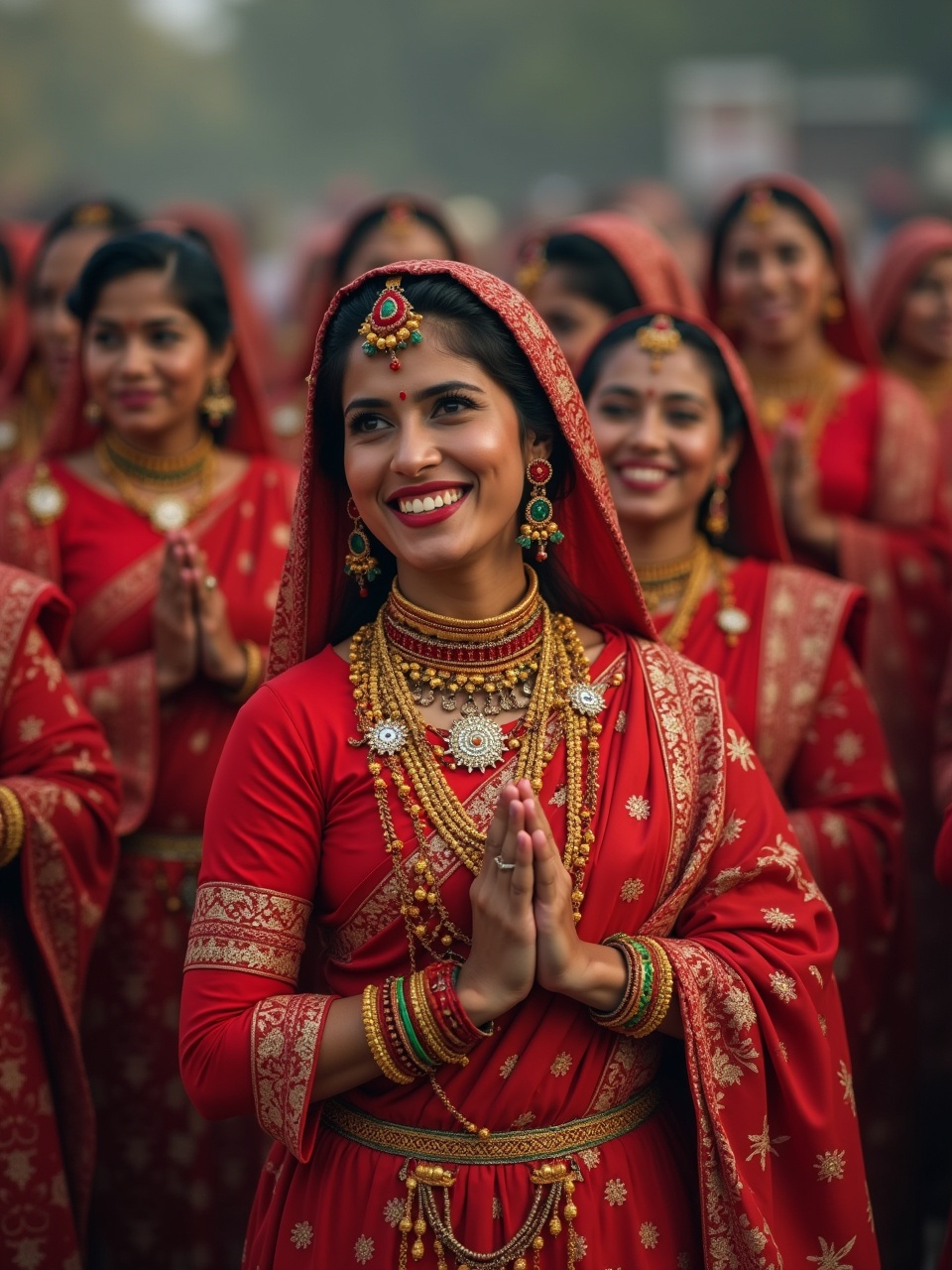 A group of women in traditional red attire and jewelry, smiling and celebrating at a cultural event.