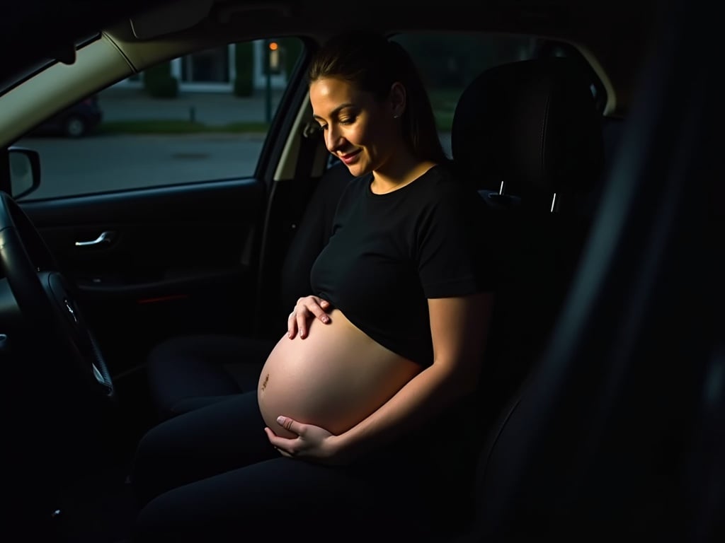 The image features a woman sitting in a car, dressed in a black top. Her belly has a gradual change, expanding over time until it appears 9 months pregnant. The car interior is dimly lit, giving a night-time ambience. The woman has a calm expression, and her hand rests on her belly, emphasizing the change. The dark seat and car door frame in the image add to the cozy, intimate setting.