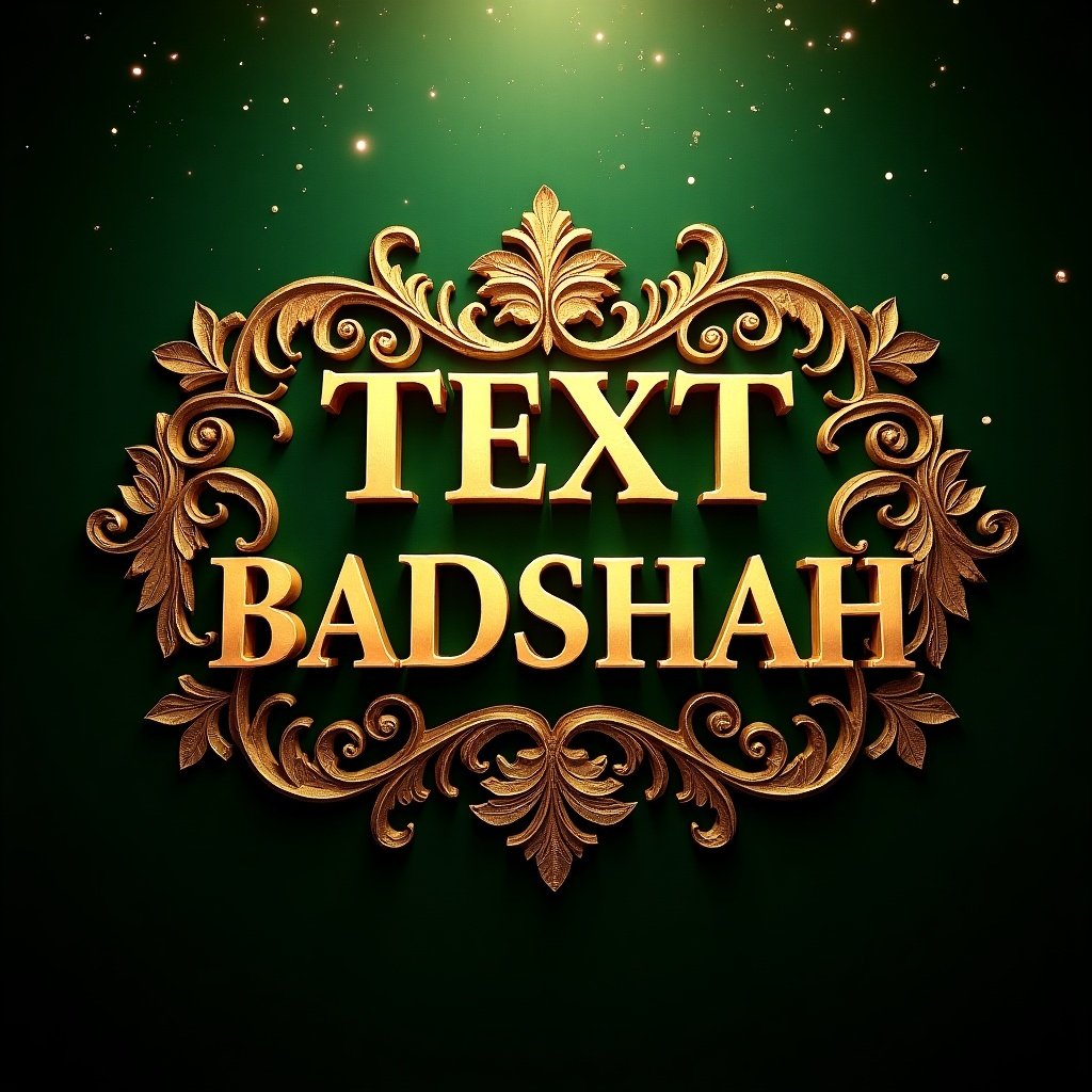 Richly embellished golden text reading 'BADSHAH' with intricate designs. Dark green background with glowing particle effects.