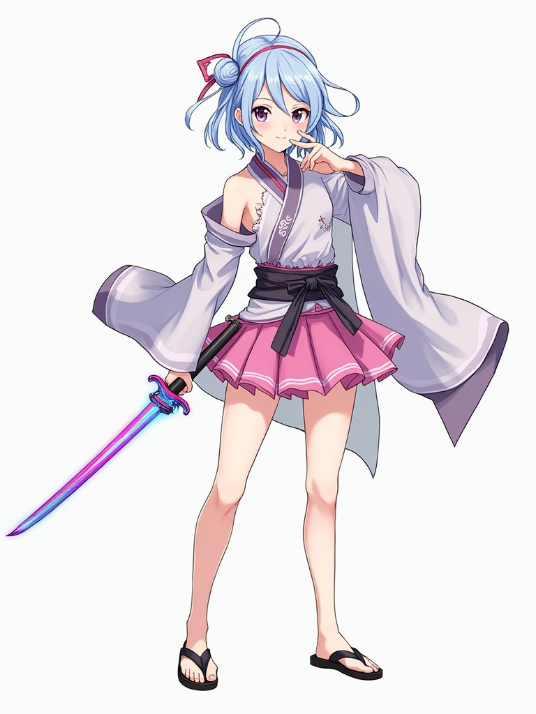 Mitsuri Kanroji appears with icy blue and pink hair. She wears a Demon Slayer Corps Hashira uniform. The outfit features silver and pastel pink hues. Character has black sandals and wields an icy-blue and hot-pink Nichirin katana.