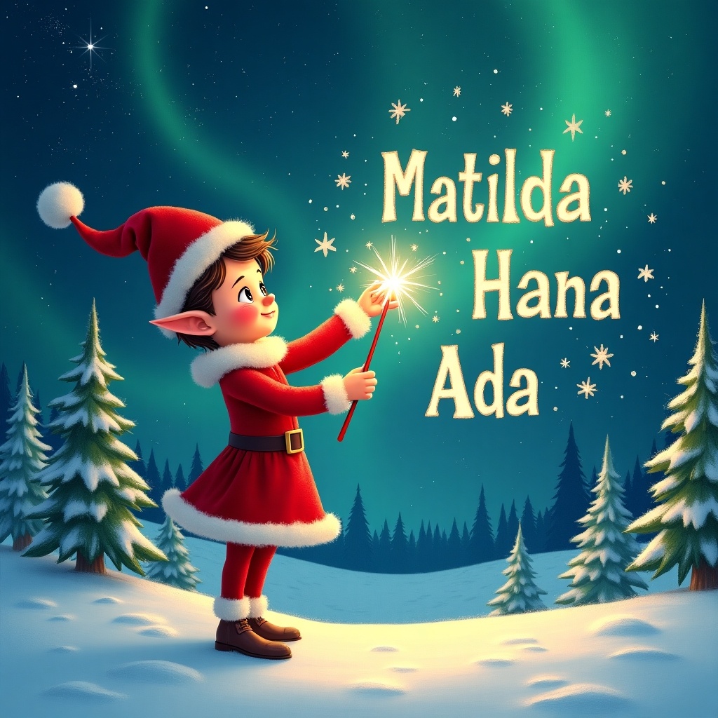 An elf dressed in a red outfit and a pointed hat holds a sparkling wand. The elf writes 'Matilda', 'Hana', and 'Ada' in the starry sky. The background features a snowy landscape with evergreen trees under Northern Lights. Whimsical scene captures childhood magic and Christmas cheer.