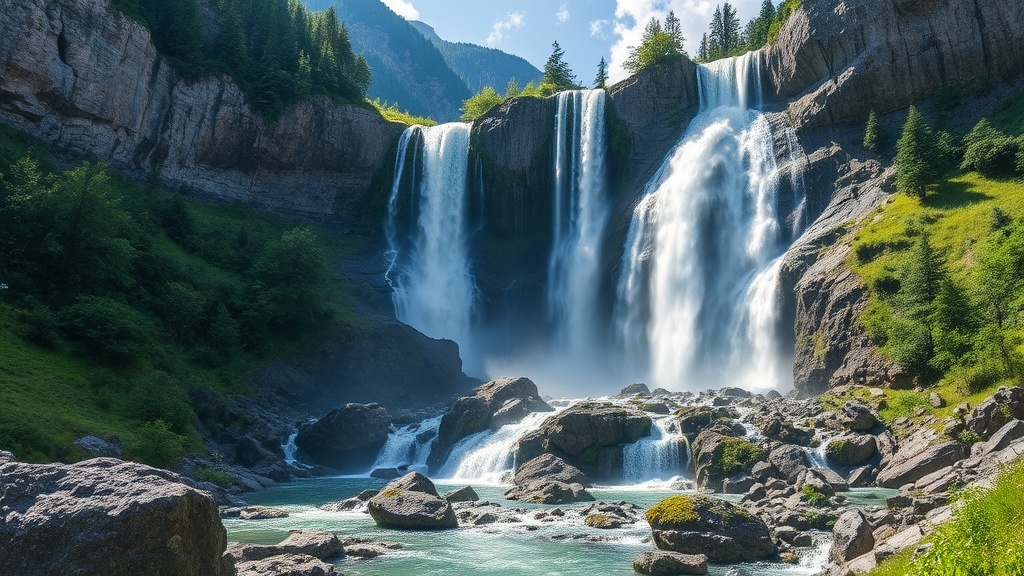 A majestic waterfall cascades down a rugged cliffside into a tranquil pool below. Sunlight filters through the trees, casting dappled light on the surrounding greenery and rocky landscape. The mist rising from the waterfall adds a sense of freshness and serenity to the scene.