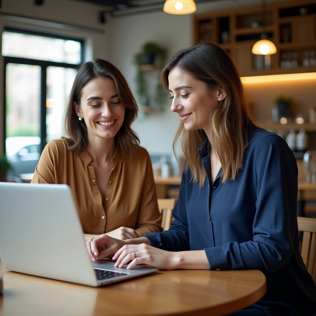 Two individuals collaborating at a coffee table in a coffee shop. They wear loose-fitting blouses in light tan and navy blue. The scene displays a laptop showing ChatGPT. The setting has an oversaturated warm atmosphere. It highlights a casual yet professional interaction.