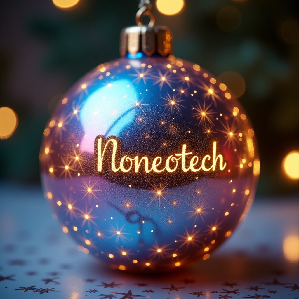 Iridescent Christmas bauble. Name Noneotech written in gold. Colorful sparkles and warm lights in background. Close-up perspective on decoration.