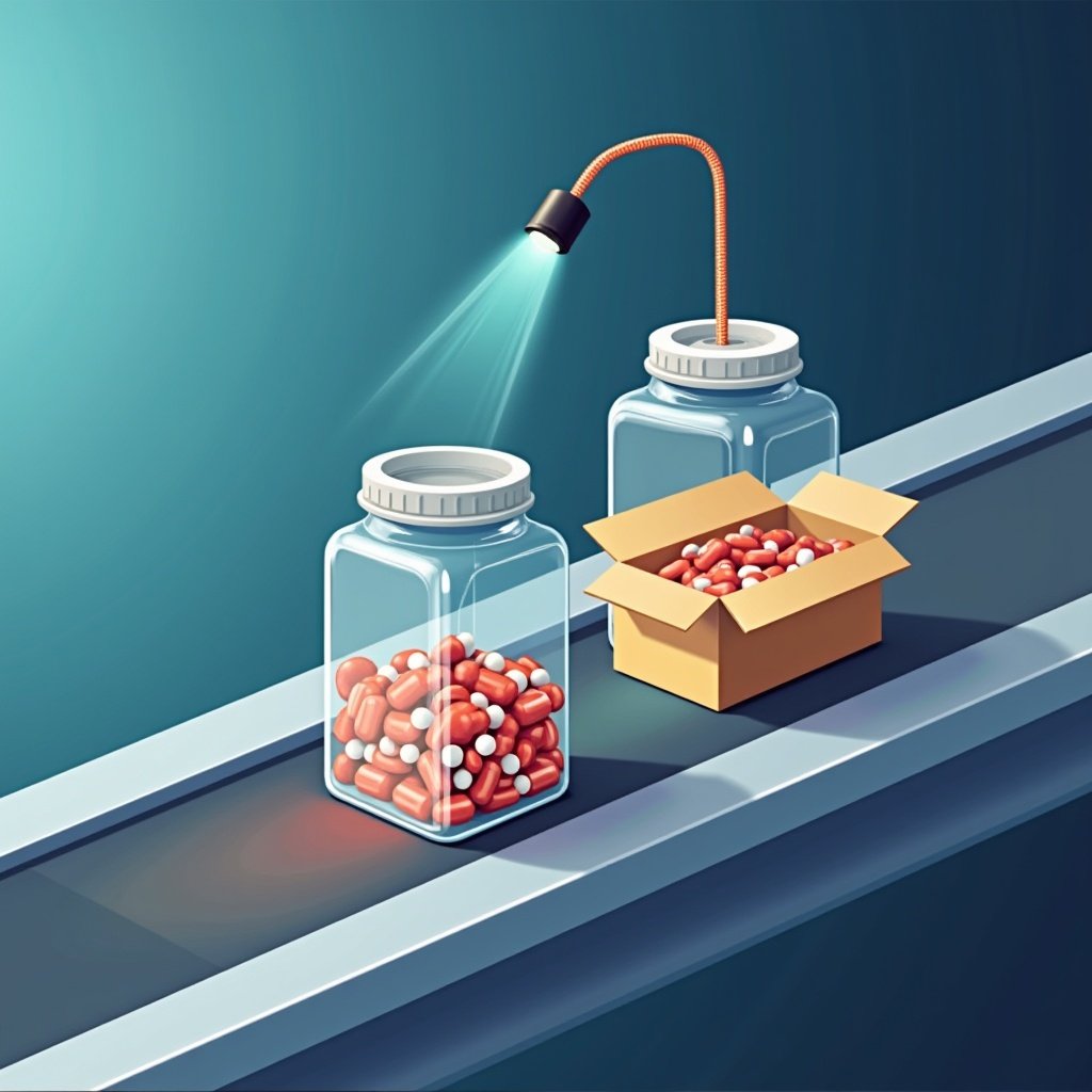 Illustration shows glass bottles filled with pills on conveyor. Cartoon box contains more pills. Terahertz photocell inspects items. Conveying system highlighted.