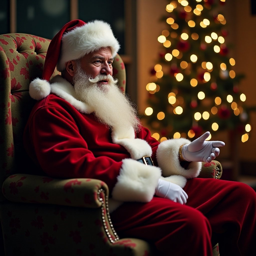 Santa Claus sitting in a comfortable chair at the North Pole. The scene includes a decorated Christmas tree in the background. Santa has a traditional red suit with white trim and is surrounded by a warm, festive atmosphere.