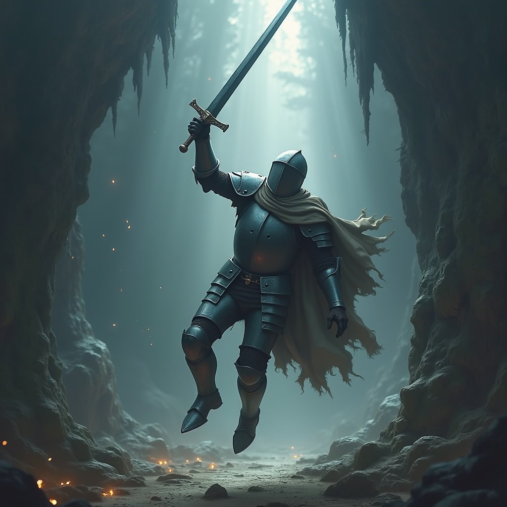 Image shows a knight falling into a misty limbo, reaching for a sword above. Ethereal beams of light filter through a cavern.