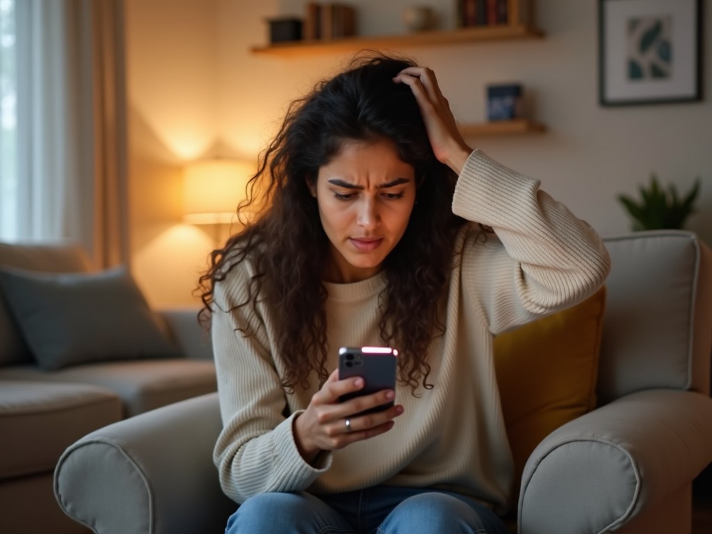 The image shows a young woman sitting on a couch in a cozy living room, looking at her phone with a worried expression. Her curly hair frames her face, and she has her hand on her head, indicating stress. The soft lighting in the room creates a warm and inviting atmosphere, contrasting with her concerned demeanor. Various cushions and a plant add to the homey feel of the setting. This scene captures a moment of digital anxiety or concern as she engages with content on her device.