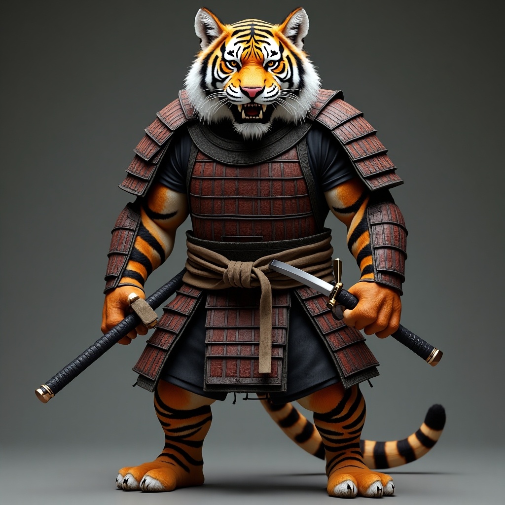 A tiger stands upright in samurai armor. Holds a katana with both hands. Posture is rigid and disciplined. The tiger's face is fierce with a focused gaze. Ultra realistic style.