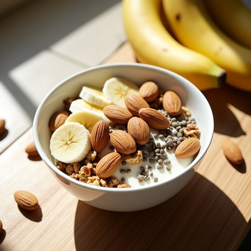 Detailed image of a yogurt bowl with banana slices, granola, almonds, chia seeds, and whole bananas in the background. Ultra realistic depiction of breakfast ingredients.