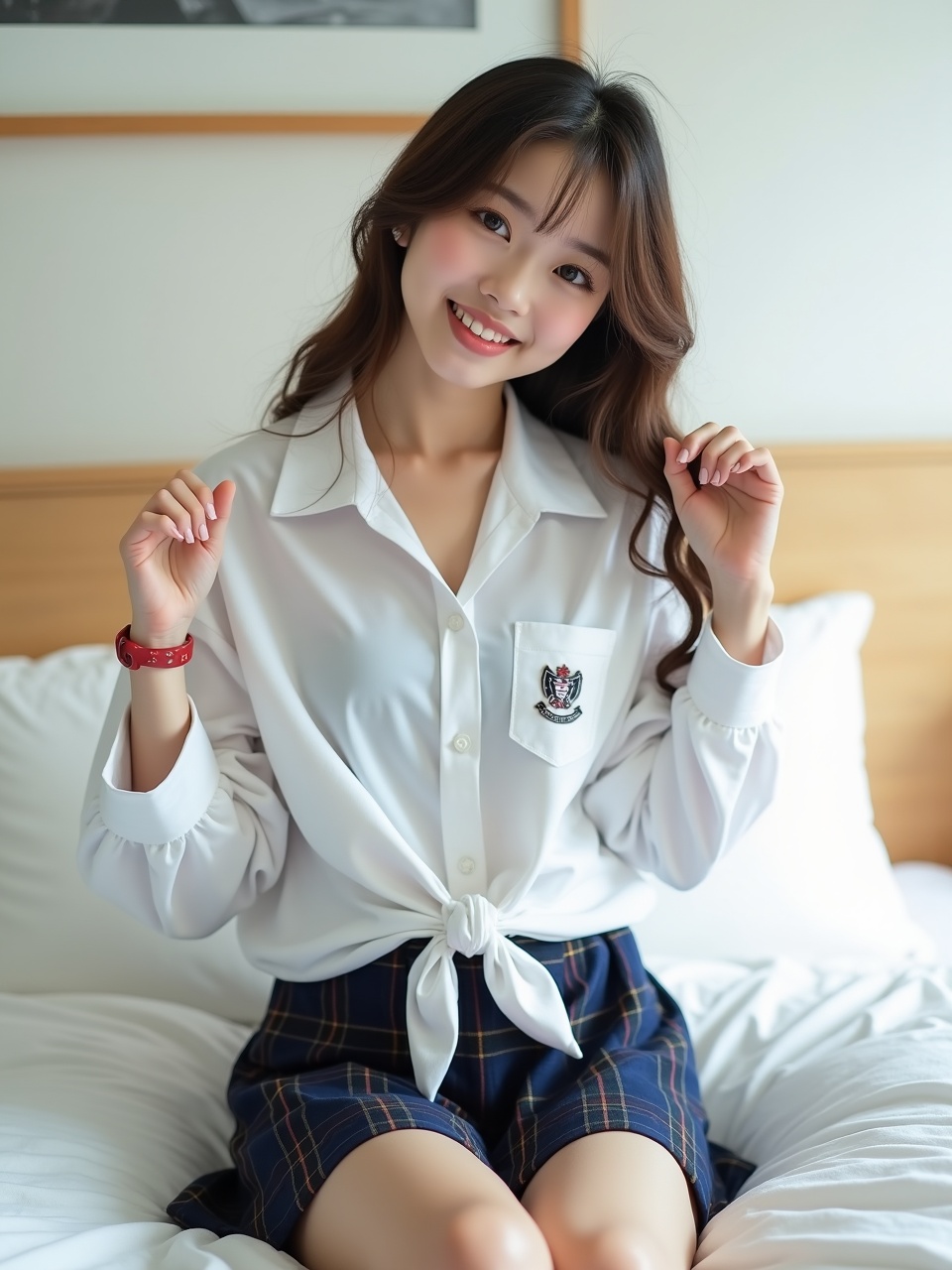 A young woman sitting on a bed, smiling, wearing a white tied blouse and plaid skirt.