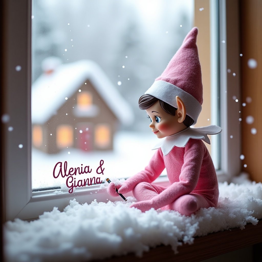 A pink girl elf sits on a snowy windowsill. She writes 'Alenia & Gianna' in snow. The window shows a cozy house outside. Snowflakes fall around, creating a magical scene. The elf's pink outfit brings joy during the holidays.